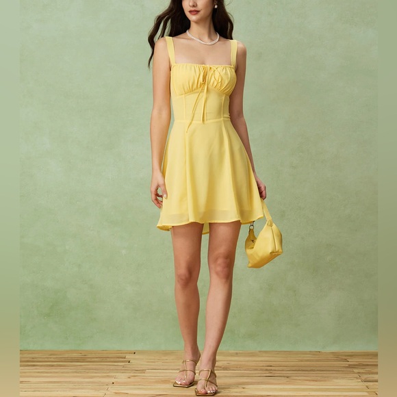 Rihoas Yellow Square Neck Ruched Mini Dress - Picture 3 of 5